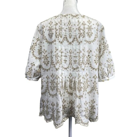 FEATHER BONE Anthropologie Medina White Eyelet Scalloped Blouse Boho Wmns Sz 12 - Picture 8 of 12